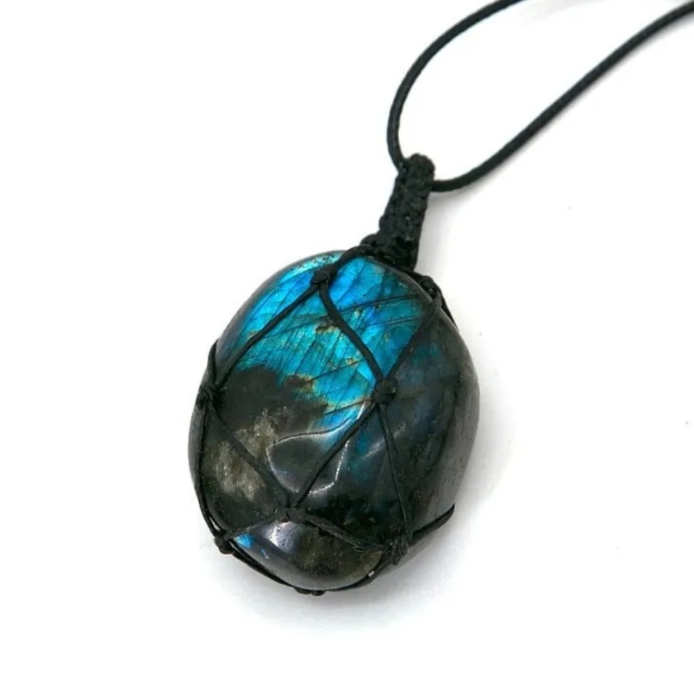 Labradorite Gemstone Pendant Black Rope Wrapped Adjustable Necklace